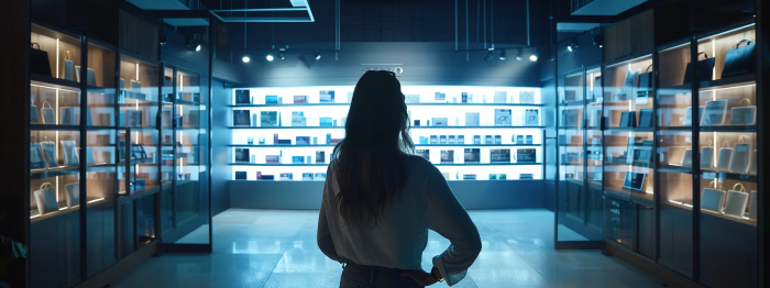 A woman inspects a shelf of merchandise in a store, highlighting the efficiency of Search as a Service in retail environments.